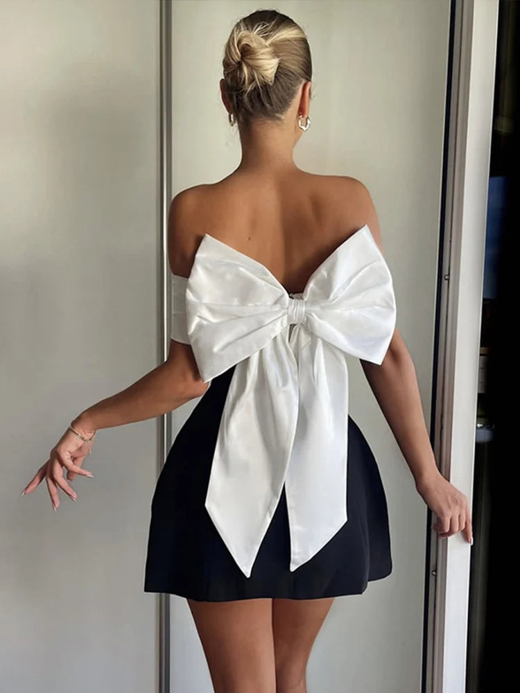 Sexy Mini Pary Dress Women Backless Big Bow off Shoulder Elegant Female Evening Drsses 2024 Fashion Club Lady Short Gown Robe