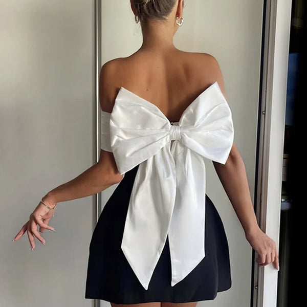 Sexy Mini Pary Dress Women Backless Big Bow off Shoulder Elegant Female Evening Drsses 2024 Fashion Club Lady Short Gown Robe